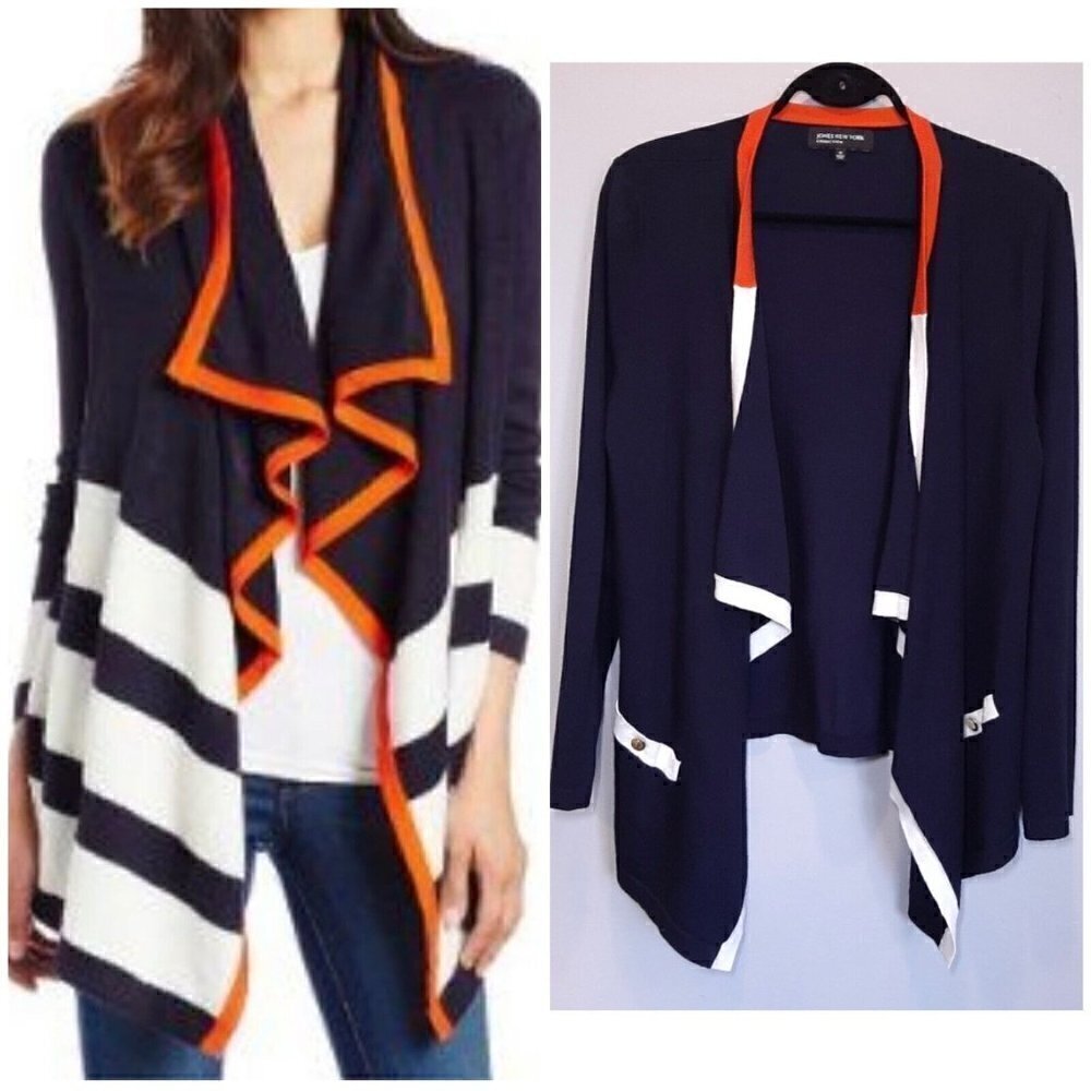 Jones New York Angled Asymmetric Front Nautical Cardigan Sweater Navy White Sz S